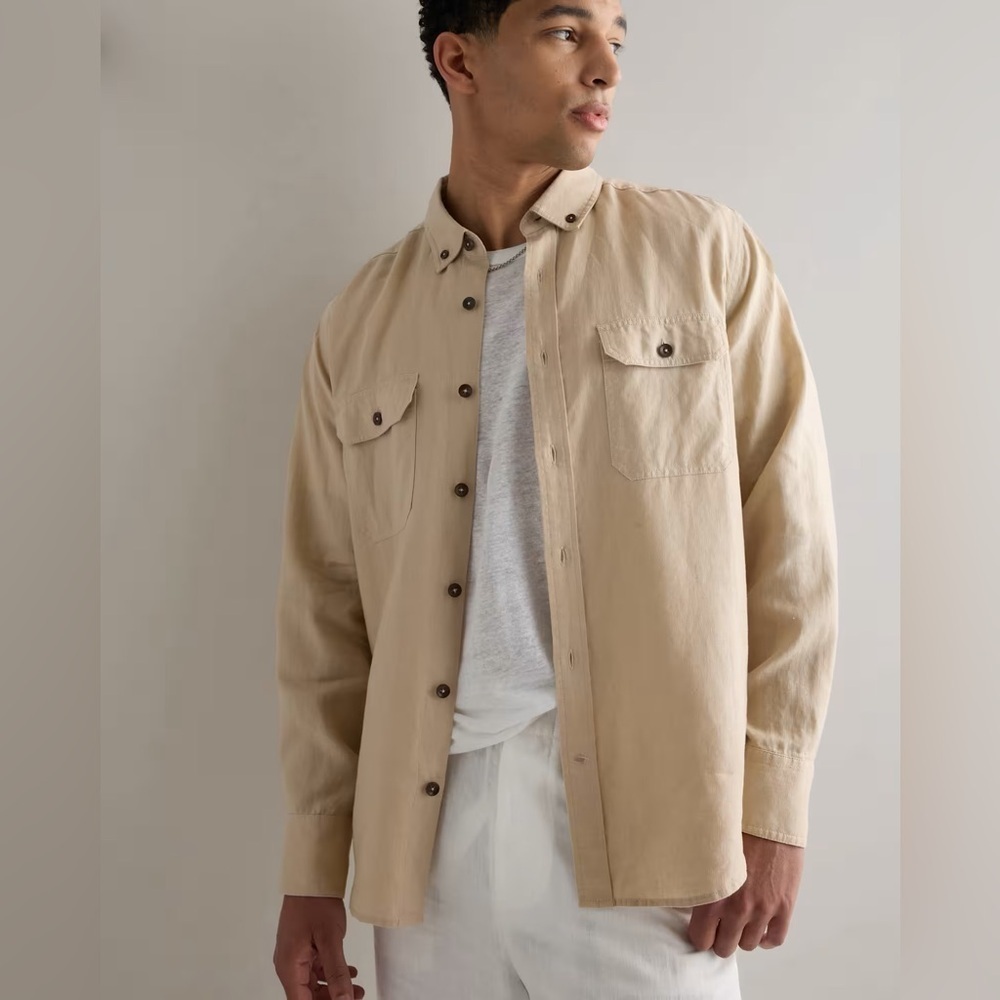 Quince Men’s 100% Linen Utility Button-Up Shirt Preppy Classic